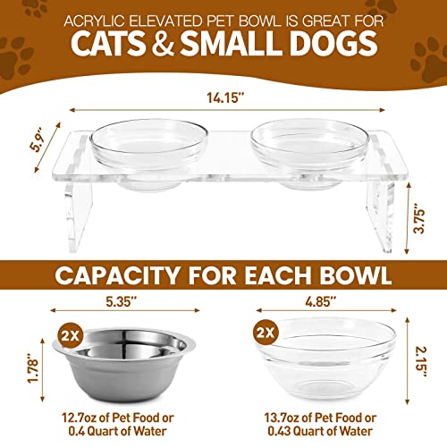 Dog and Cat Bowls Elevated Set - Acrylic Feeder Stand with 2 Set Removable Stainless Steel and Glass Bowls Food and Water Raised Dishes for Small Pet,3.75 inches