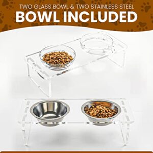 Dog and Cat Bowls Elevated Set - Acrylic Feeder Stand with 2 Set Removable Stainless Steel and Glass Bowls Food and Water Raised Dishes for Small Pet,3.75 inches