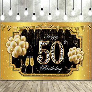 happy 50th birthday backdrop banner, extra large fabric black gold 50 anniversary sign poster 50th birthday party backdrop background banner for men women 50th birthday party decorations supplies