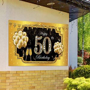 Happy 50th Birthday Backdrop Banner, Extra Large Fabric Black Gold 50 Anniversary Sign Poster 50th Birthday Party Backdrop Background Banner for Men Women 50th Birthday Party Decorations Supplies