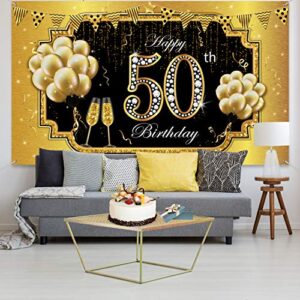 Happy 50th Birthday Backdrop Banner, Extra Large Fabric Black Gold 50 Anniversary Sign Poster 50th Birthday Party Backdrop Background Banner for Men Women 50th Birthday Party Decorations Supplies