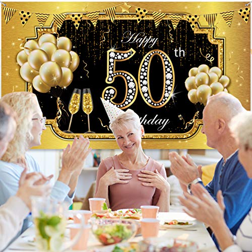 Happy 50th Birthday Backdrop Banner, Extra Large Fabric Black Gold 50 Anniversary Sign Poster 50th Birthday Party Backdrop Background Banner for Men Women 50th Birthday Party Decorations Supplies