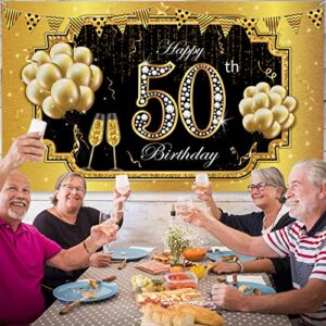 Happy 50th Birthday Backdrop Banner, Extra Large Fabric Black Gold 50 Anniversary Sign Poster 50th Birthday Party Backdrop Background Banner for Men Women 50th Birthday Party Decorations Supplies