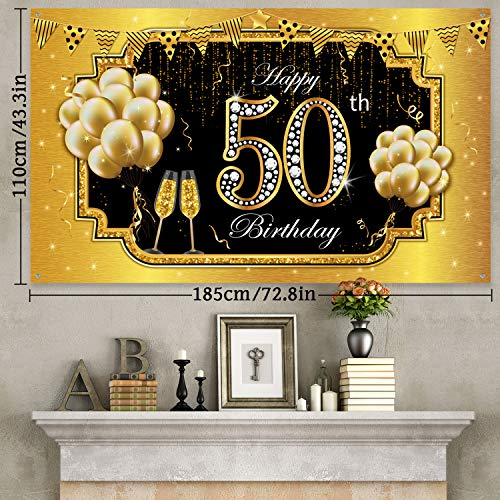 Happy 50th Birthday Backdrop Banner, Extra Large Fabric Black Gold 50 Anniversary Sign Poster 50th Birthday Party Backdrop Background Banner for Men Women 50th Birthday Party Decorations Supplies