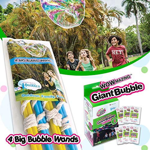 4 Big Bubble Wands & WOWMAZING Giant Bubble Powder Mix-6 Packets Makes 6 GALLONS | Turns Dish Detergent into Big Bubbles | Non Toxic Safe & Natural | Birthdays, Outdoor Family Fun for Girls & Boys