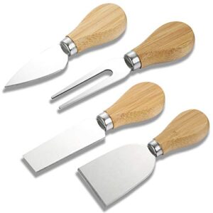 futu set of 4, cheese knives with bamboo wood handle, steel stainless cheese slicer cheese cutter- mini knife, butter knife, spatula & fork