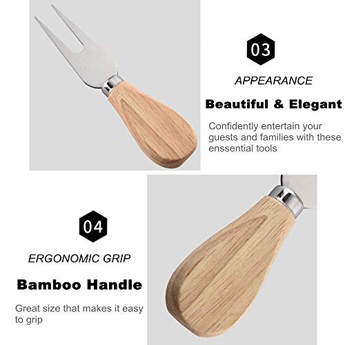 Futu Set of 4, Cheese Knives with Bamboo Wood Handle, Steel Stainless Cheese Slicer Cheese Cutter- Mini Knife, Butter Knife, Spatula & Fork