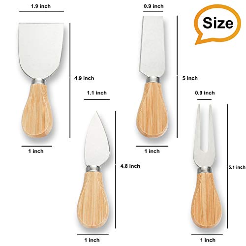 Futu Set of 4, Cheese Knives with Bamboo Wood Handle, Steel Stainless Cheese Slicer Cheese Cutter- Mini Knife, Butter Knife, Spatula & Fork