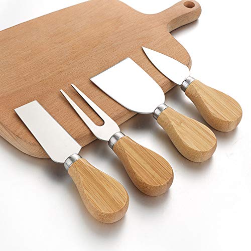 Futu Set of 4, Cheese Knives with Bamboo Wood Handle, Steel Stainless Cheese Slicer Cheese Cutter- Mini Knife, Butter Knife, Spatula & Fork