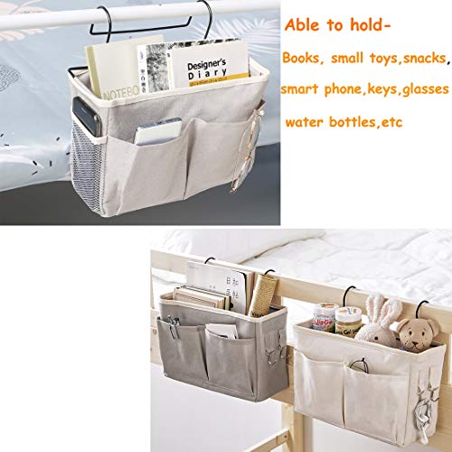 Kedoung Bedside Organizer Caddy Hanging with Hook, Bed Storage Pocket for Dorm Kids Room Top Bunk Bed Loft Bed, Bedside Storage for Phone Remote Control Laptop Books (White)