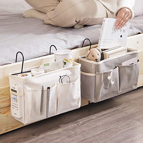 Kedoung Bedside Organizer Caddy Hanging with Hook, Bed Storage Pocket for Dorm Kids Room Top Bunk Bed Loft Bed, Bedside Storage for Phone Remote Control Laptop Books (White)