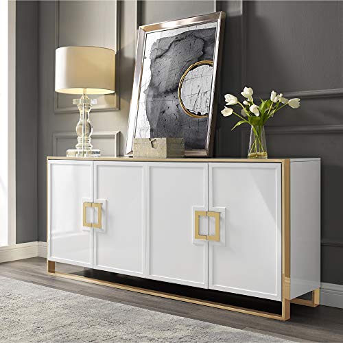 Inspired Home Sideboard - White | Design: Daryl | 4 Doors | Polished Gold Handle and Leg Tip