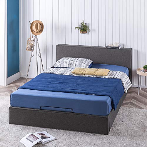 ZINUS Finley Upholstered Platform Bed Frame with Lifting Storage / Hydraulic Lifting Under Bed Storage / No Box Spring Needed / Easy Assembly, Queen