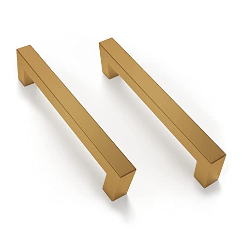 Mega Handles 12 Pack I Cabinet Pulls 5.5 Inch, Stainless Steel Cabinet Handle Pulls I Ideal for Kitchen Drawer, Cabinets, Door, Cupboard I Hardware for Cabinets - Hole Distance 5 Inch - Satin Brass