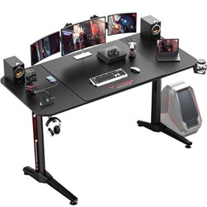vitesse gaming desk 63 inch, ergonomic gamer computer desk with mouse pad, pc gaming tables with chargeable gaming handle rack, cup holder headphone hook