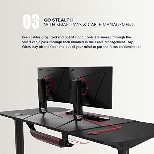 VITESSE Gaming Desk 63 Inch, Ergonomic Gamer Computer Desk with Mouse Pad, PC Gaming Tables with Chargeable Gaming Handle Rack, Cup Holder Headphone Hook