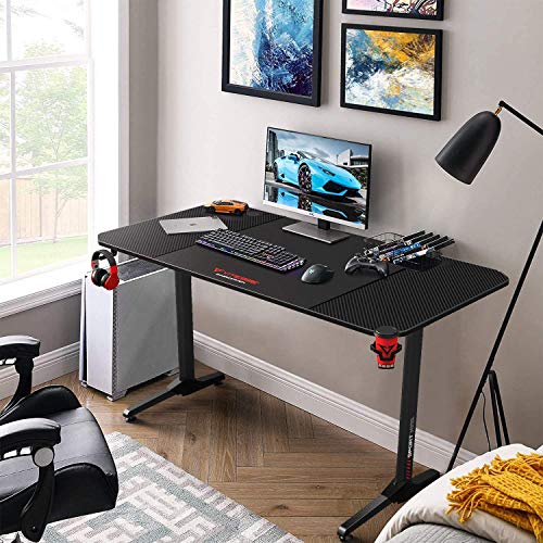 VITESSE Gaming Desk 63 Inch, Ergonomic Gamer Computer Desk with Mouse Pad, PC Gaming Tables with Chargeable Gaming Handle Rack, Cup Holder Headphone Hook