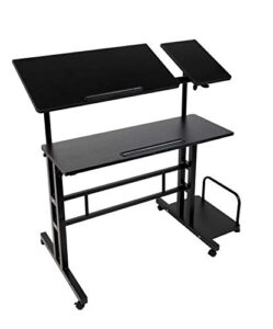 mind reader woodland collection, mobile sit/stand laptop desk with side storag adjustable, tiltable, lockable casters, portable, x-large, black