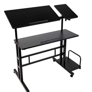 Mind Reader Woodland Collection, Mobile Sit/Stand Laptop Desk with Side Storag Adjustable, Tiltable, Lockable Casters, Portable, X-Large, Black