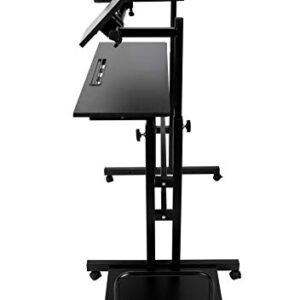 Mind Reader Woodland Collection, Mobile Sit/Stand Laptop Desk with Side Storag Adjustable, Tiltable, Lockable Casters, Portable, X-Large, Black