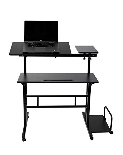 Mind Reader Woodland Collection, Mobile Sit/Stand Laptop Desk with Side Storag Adjustable, Tiltable, Lockable Casters, Portable, X-Large, Black