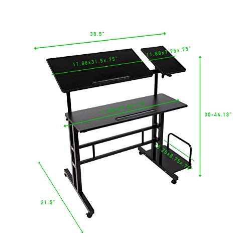 Mind Reader Woodland Collection, Mobile Sit/Stand Laptop Desk with Side Storag Adjustable, Tiltable, Lockable Casters, Portable, X-Large, Black