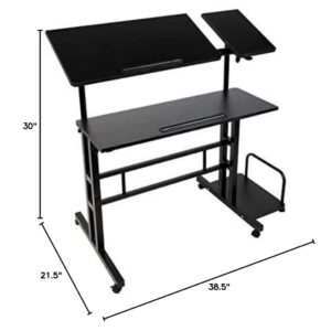 Mind Reader Woodland Collection, Mobile Sit/Stand Laptop Desk with Side Storag Adjustable, Tiltable, Lockable Casters, Portable, X-Large, Black