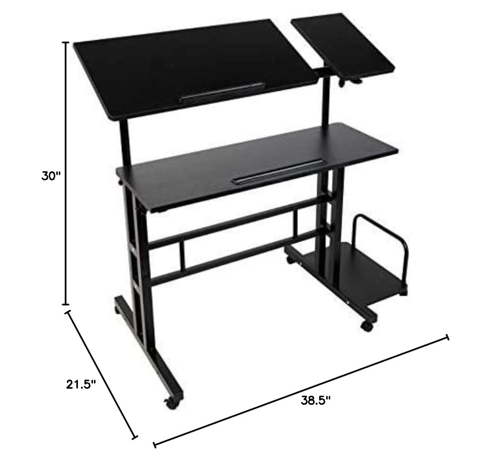 Mind Reader Woodland Collection, Mobile Sit/Stand Laptop Desk with Side Storag Adjustable, Tiltable, Lockable Casters, Portable, X-Large, Black