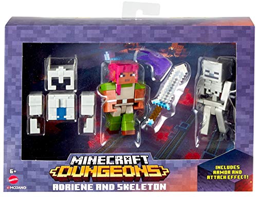 Mattel Minecraft Dungeons 3.25-in Figures 2-Pk Battle Figures, Adriene and Skeleton with Battle Accessories Age 6 and Older