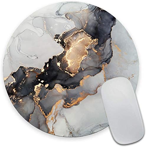 Black White Gold Marble Round Mouse Pad,Beautiful Mouse Mat, Cute Mouse Pad with Design, Non-Slip Rubber Base Mousepad, Waterproof Office Mouse Pad, Small Size 7.9 x 0.12 Inch