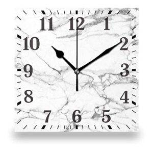 marble wall clock,vintage retro marble white print decorative 10 inch square silent non-ticking wooden desk clock battery operated for home living room kitchen