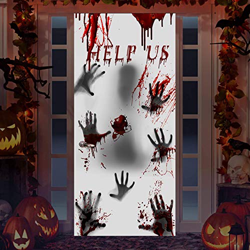 Halloween Giant Bloody Window Posters, Zombie Door Cover Help Me, Bloody Handprint Window Clings Party Decoration, Wall Poster Haunted House Door Cover, Bloody Hands Mural,Scary Halloween Window Decor