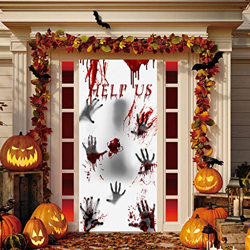 Halloween Giant Bloody Window Posters, Zombie Door Cover Help Me, Bloody Handprint Window Clings Party Decoration, Wall Poster Haunted House Door Cover, Bloody Hands Mural,Scary Halloween Window Decor