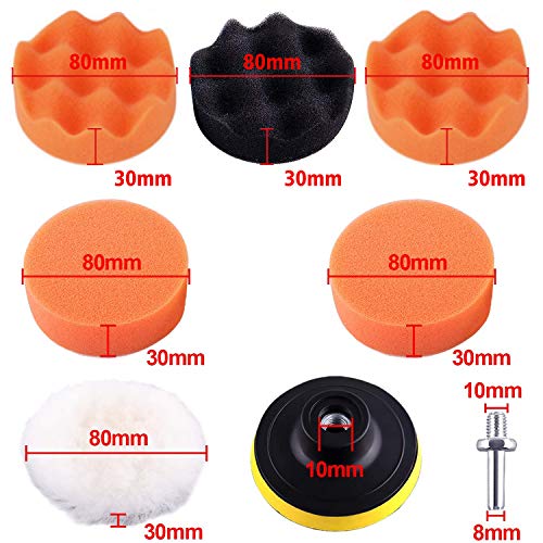 8 Pieces Polishing Sponge Wheel Set 3 Inch Buffing Pads Kit Car Polishing Pad Kit Foam Polish Pads Polisher Attachment for Car Sanding(6 Polishing Pads+1 Thread Drill Adapter with Shank)