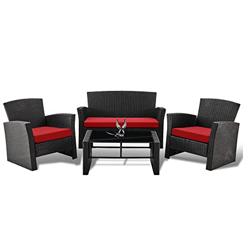 Leasbar Outdoor Patio Furniture Set 4 Pieces Outdoor Patio Conversation Set All-Weather PE Rattan Wicker Sectional Conversation Sofa with Coffee Table for Porch Deck(Red)