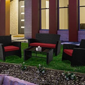 Leasbar Outdoor Patio Furniture Set 4 Pieces Outdoor Patio Conversation Set All-Weather PE Rattan Wicker Sectional Conversation Sofa with Coffee Table for Porch Deck(Red)