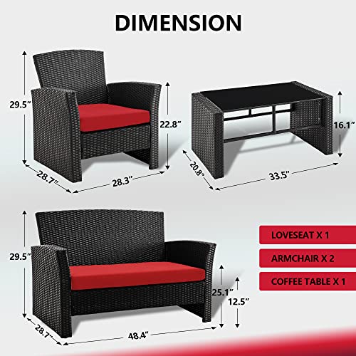 Leasbar Outdoor Patio Furniture Set 4 Pieces Outdoor Patio Conversation Set All-Weather PE Rattan Wicker Sectional Conversation Sofa with Coffee Table for Porch Deck(Red)