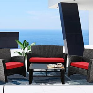 Leasbar Outdoor Patio Furniture Set 4 Pieces Outdoor Patio Conversation Set All-Weather PE Rattan Wicker Sectional Conversation Sofa with Coffee Table for Porch Deck(Red)