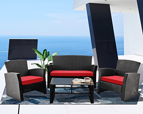 Leasbar Outdoor Patio Furniture Set 4 Pieces Outdoor Patio Conversation Set All-Weather PE Rattan Wicker Sectional Conversation Sofa with Coffee Table for Porch Deck(Red)