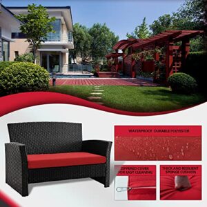 Leasbar Outdoor Patio Furniture Set 4 Pieces Outdoor Patio Conversation Set All-Weather PE Rattan Wicker Sectional Conversation Sofa with Coffee Table for Porch Deck(Red)