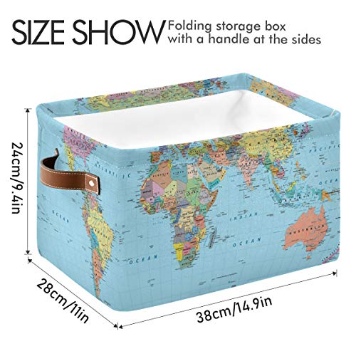 AUUXVA Globe World Map Storage Basket Collapsible Cloth Storage Cube Basket Bins Organizer with Handles Rectangular Large Toys Shelf Closet for Nursery Bedroom Home Office