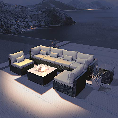 Sunpeak Fire Table Set Sectional Outdoor Furniture Propane Firepit Dark Brown Rattan Multi Colors Outdoor Sofa Set (a Light Gray Square Table)