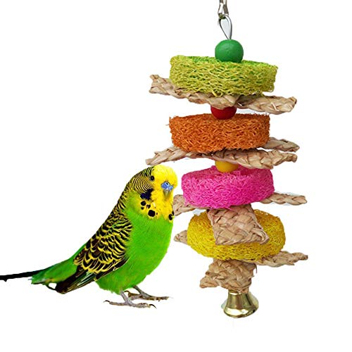 ELPAIOS Parrot Toy Wooden Beads Maize Peel Loofah Bell Parrot Molar Chew Bite Hanging Birds Pet Toy Pet Bird Toy, Cage Decor Random Color