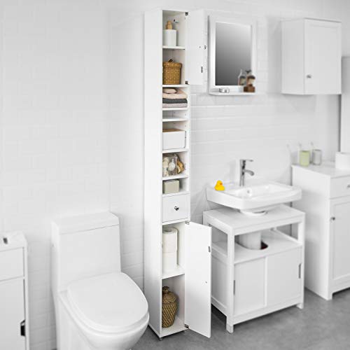 Haotian BZR34-W, White Tall Bathroom Storage Cabinet with 1 Drawer, 2 Doors and Adjustable Shelves, Bathroom Shelf, 7.87 x 7.87 x 70.87 Bathroom Tall Cabinet Cupboard