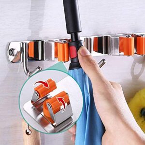 Broom Mop Holder Wall Mounted with 3 Racks 4 Hooks Heavy Duty Tools Hanger Garden Tool Organizer Garage Storage Rack Kitchen Utility Racks Home Hanger Closet Shed Basement