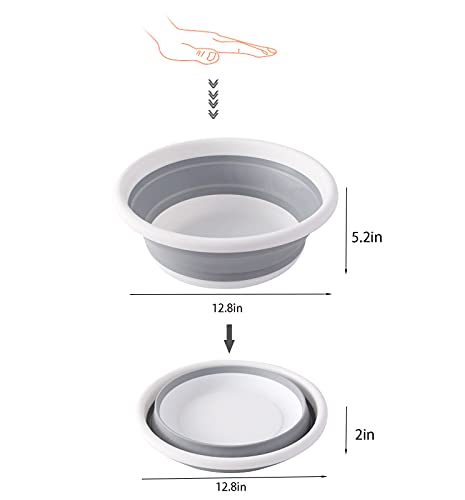 AAKitchen Collapsible Portable Wash Basin Dishpan 5L Kitchen Dish Pans Washing Basin Foldable Strainer Wash and Drain Dish Tub Drainer for RV, Camping, Marine, BBQ (White/Gray)