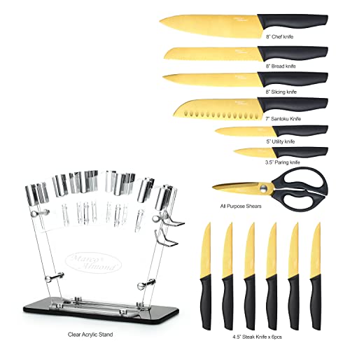 Marco Almond® KYA23 Golden Titanium Knife Set, Kitchen Cutlery Knives Set with Acrylic Stand, Knife Set for Kitchen with Block, For Home & Pro Use, Best Gift, 14 Pieces, Black