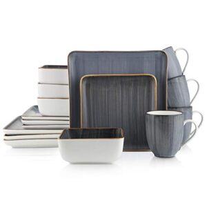 stone + lain esmeralda porcelain dinnerware set, service for 4, 16 pieces square grey brushed design