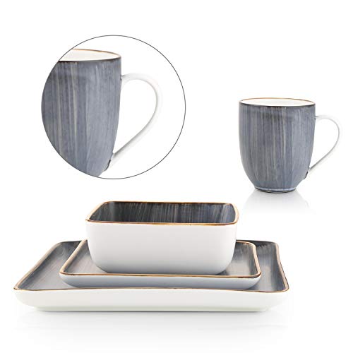 Stone + Lain Esmeralda Porcelain Dinnerware Set, Service for 4, 16 Pieces Square Grey Brushed Design