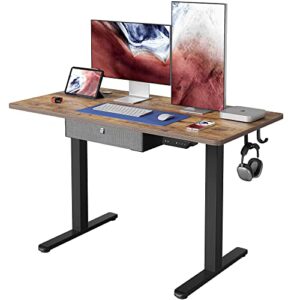 fezibo 48 x 24 inches standing desk with drawer, adjustable height electric stand up desk, sit stand home office desk, ergonomic workstation black steel frame/rustic brown tabletop